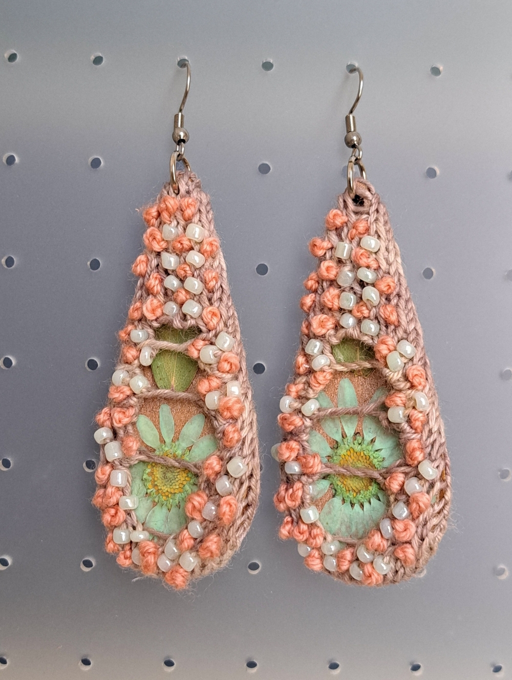 Handcrafted Peach Knit Floral Teardrop Earrings